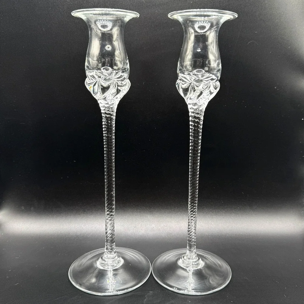 Art Glass Pair Candlesticks Vtg. Optic Twist Stem Floral Tulip Cottage Regency‎